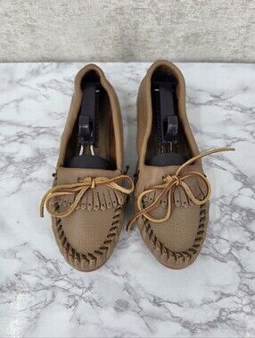 Minnetonka Women's Deerskin Kilty Mocha  Leather Fringe Moccasins Bow Kiltie